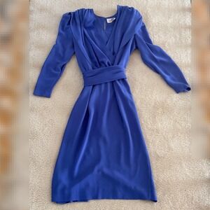 Vintage Caron Chicago Blue Draped Midi Dress with Sash Belt Made in USA Size 14